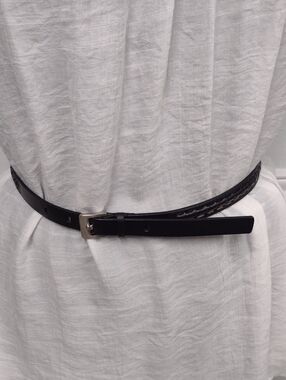 Calvin Klein Women's Black Braided Accent Leather Belt with Silver Buckle